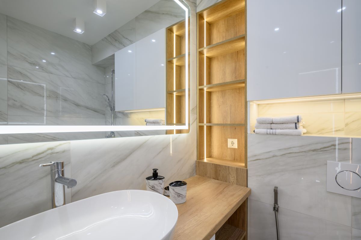 luxury bathroom interior with marble tiles