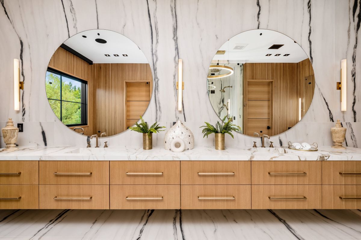 Blog 13 modern bathroom with double vanity and round mirrors